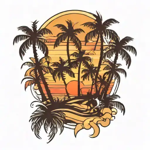 Sunset With Palm Trees And Kids Playing