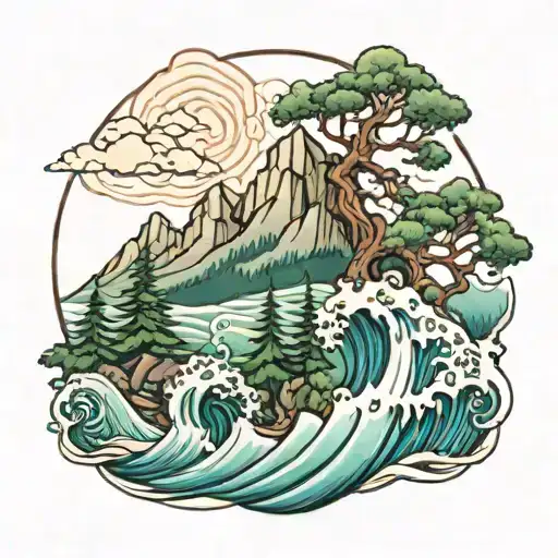 Mountain Trees Ocean Wave
