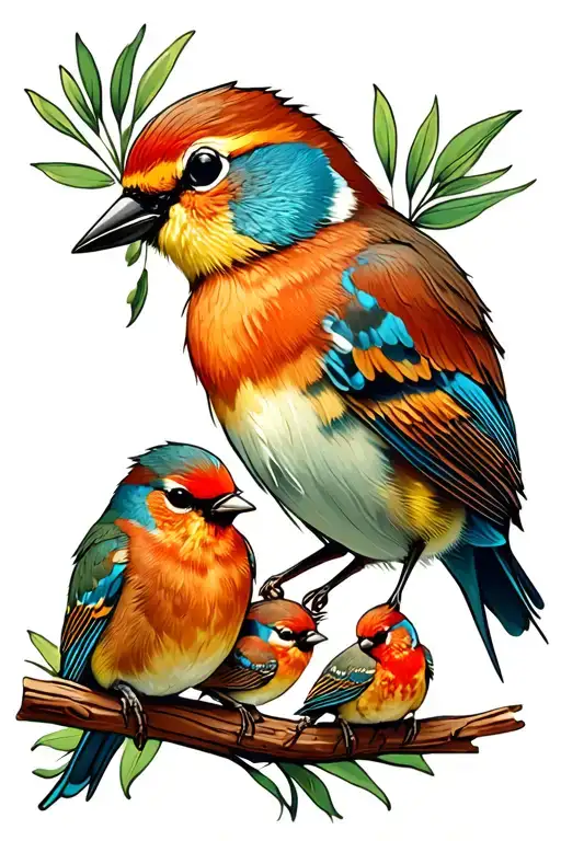 Momma Bird Feeding Baby Birds Sitting