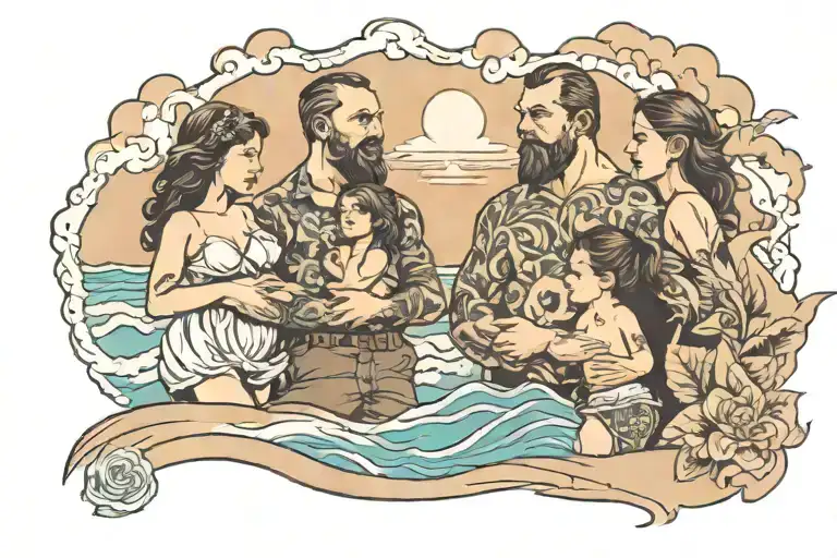 Father And Two Dauthers On Beach Scene