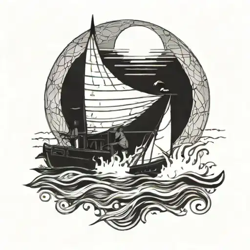 A Tattoo On The Back In Black And White Of A Man Sailing In A Boat In A Lake Behind Whic