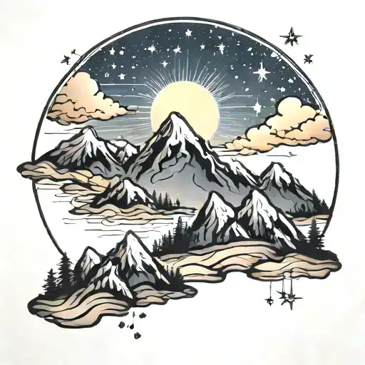 Mountain Range Sunset Sky Filled With Stars