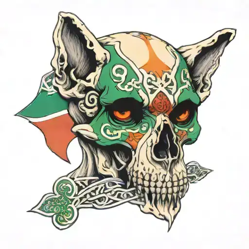Dog Skull With Celtic Cross Going Through Eye Sockets With Irish Flag Colors
