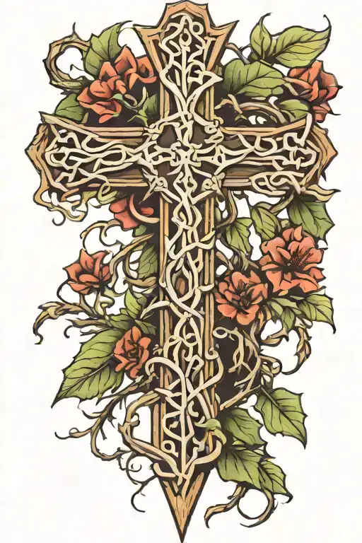 Vine Of Thorns Wrapped With A Wooden Cross Intertwined