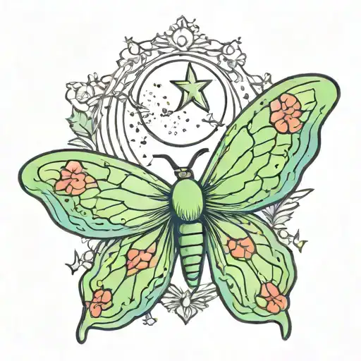 Delicate And Colorful Illustrative Luna Moth With Crescent Moon And Stars