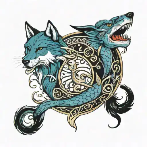 Wolf And Fish Pisces Sign Intertwined