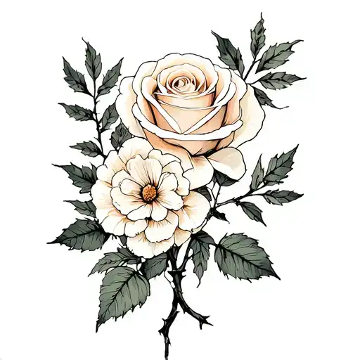 4 Random Flowers And 1 White Rose All Intertwined By Leaves And Thorns