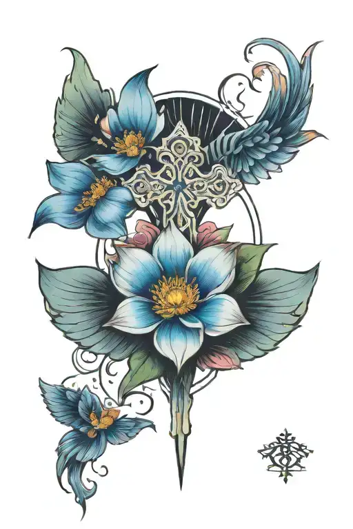 Cross With Blue Lotus Flower In The Center Angle Wings