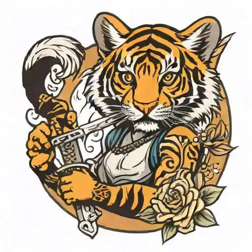 Tattoo With Tiger Girl And Dagger