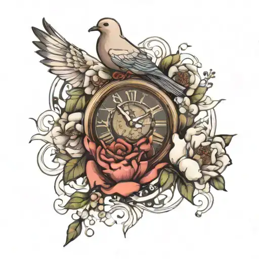 Clock Dove And Flowers Growing