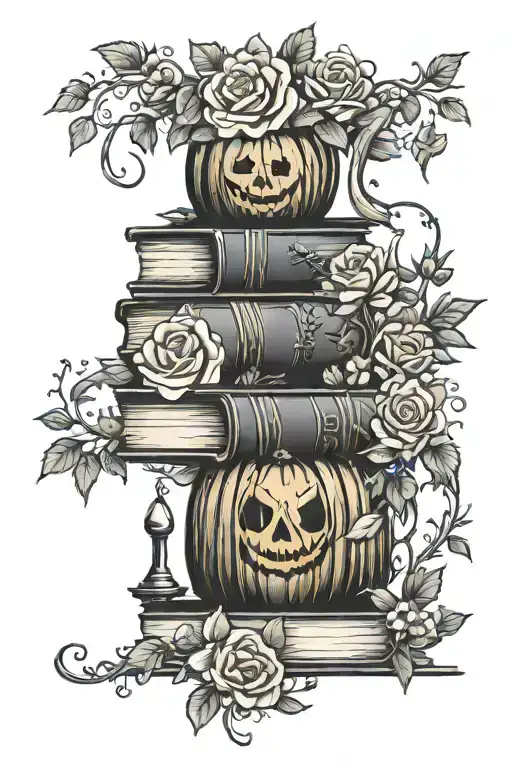 Jack O Latern Stack Of Books Flowers Vines Pretty Elegant