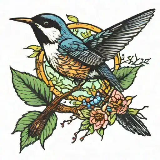 Chickadee And A Hummingbird In Forest Landscape Tattoo Featuring