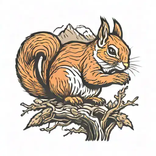 Mountains With A Squirrell Climbing A Tree