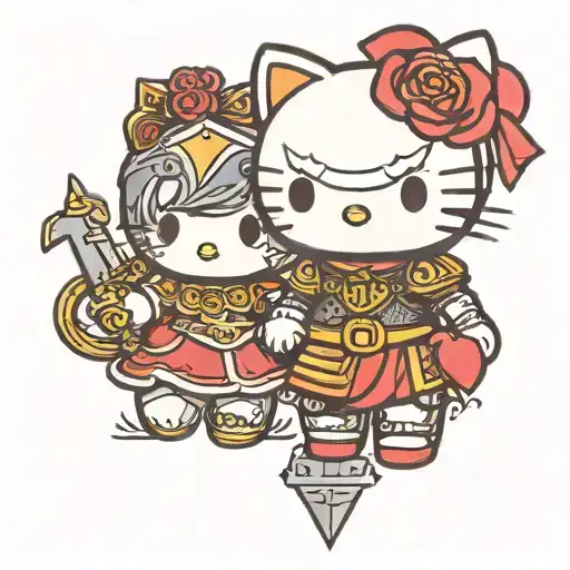 Hello Kitty And Roman Gladiator Holding Hands