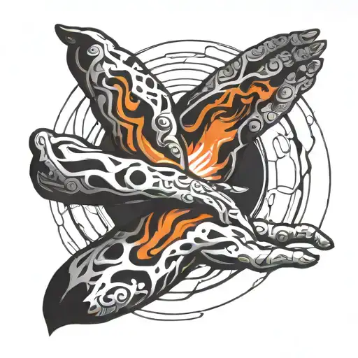 Abstract Tattoo In Black And White Of Two Hands Reaching Towards A Black Hole