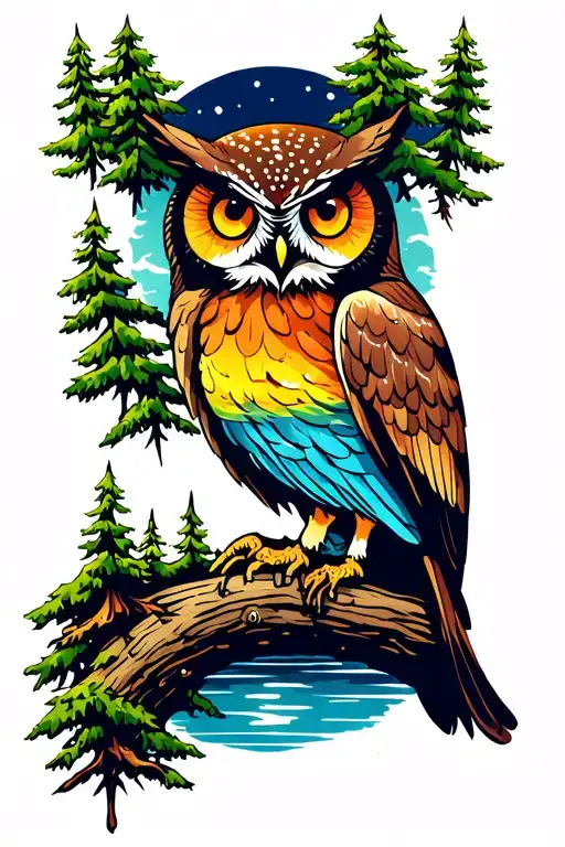 Owl And Starts Trees Colors Sunset Over Lake