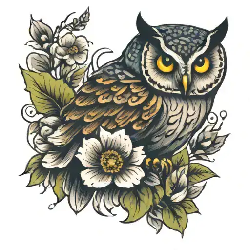 Owl And Flowers Blooming