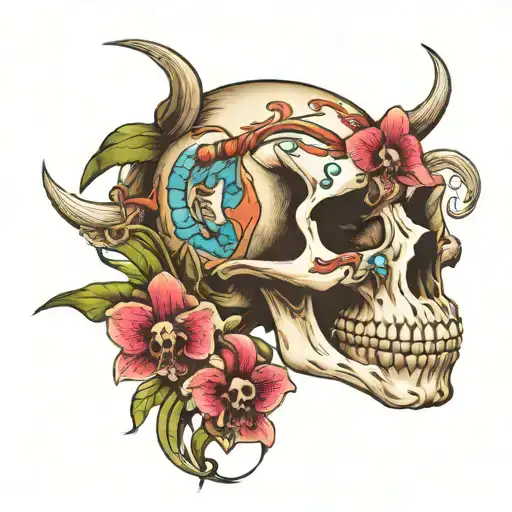 Saber Tooth Skull With Crystals And Orchids