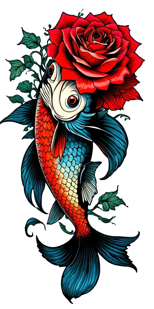 Neotraditional Japanese Fish Jumping And Roses Growing