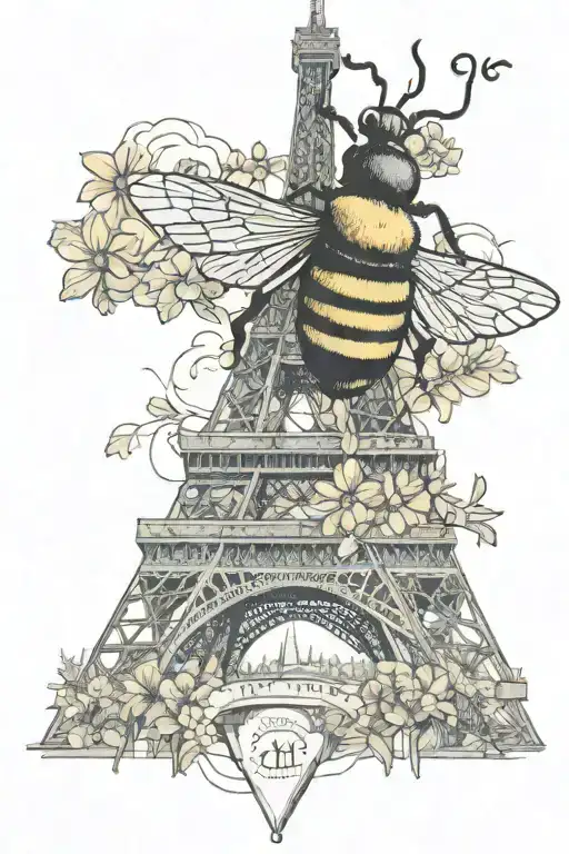 Minimalist Tattoo On The Biceps With A Bee Flying Around The Eiffel Tower