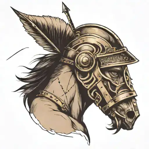 Half Horse Half Man With Gladiator Helmet With Arrow Facing Backwards