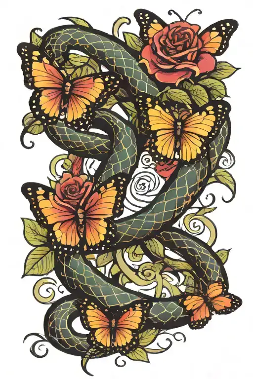 Rose Snake Slithering With Butterflies Flying With Swirl Designs On The Outside