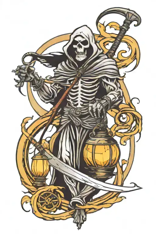 Reaper Holding Latern And Scythe