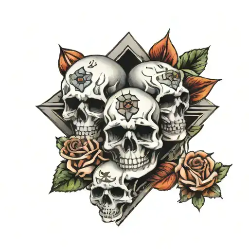 4 Skulls With Diamond Necklace And Roses Blooming