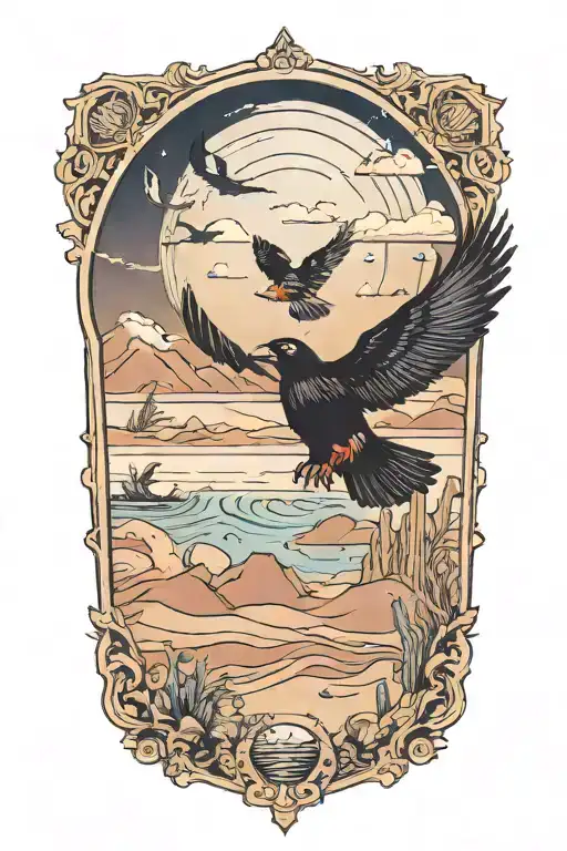 Black Bird Flying In The Sky And Musicial Instrument And Body Of Water Amd Desert Scene