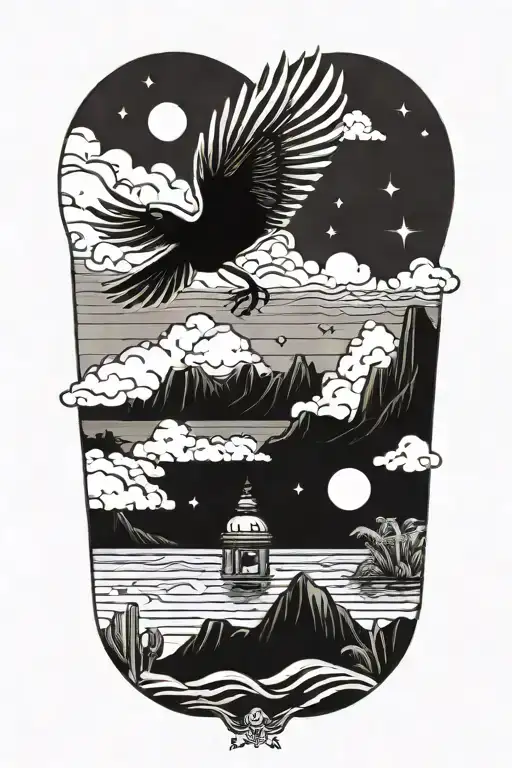 Small Black Bird Flying In The Sky And Musicial Instrument And Body Of Water Amd Desert Scene