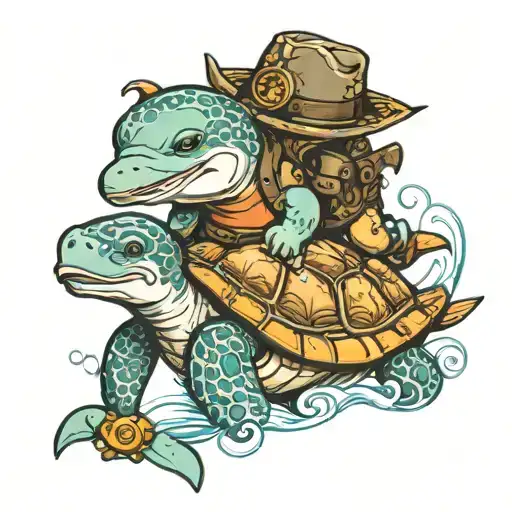 Baby Dolphin With A Pacifier Riding A Sea Turtle With Guns