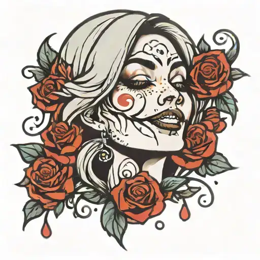 Smiling Women's Face With Rose Tears Falling
