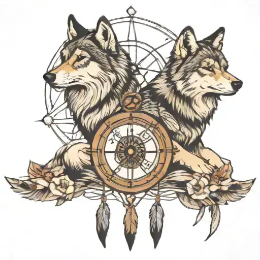 Pair Of Wolves Looking At The Horizon Next To A Compass Rose And A Dream Catcher