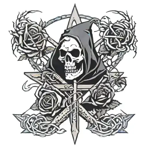 Star Of Life With Grim Reaper And Roses Wrapped In Barbed Wire