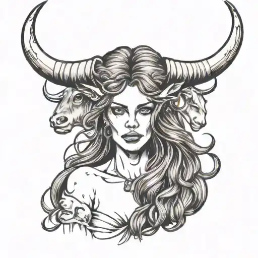 Woman With Long Hair Holding A Bull On Her Head