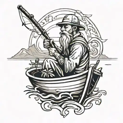 Fisherman In A Boat Line Art Profile