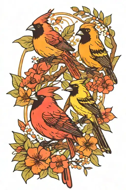 Cardinal And Oriole And Kiskadee
