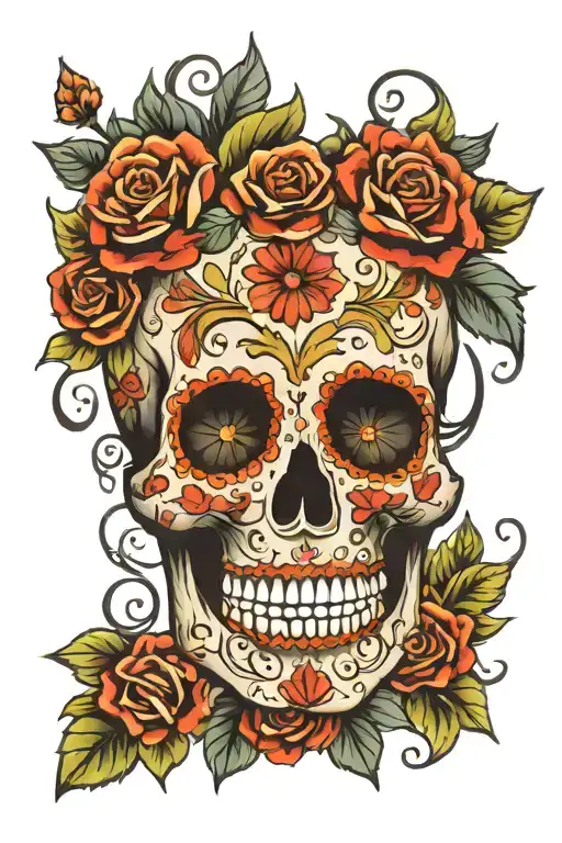 Sugar Skull Surrounded By Flowers