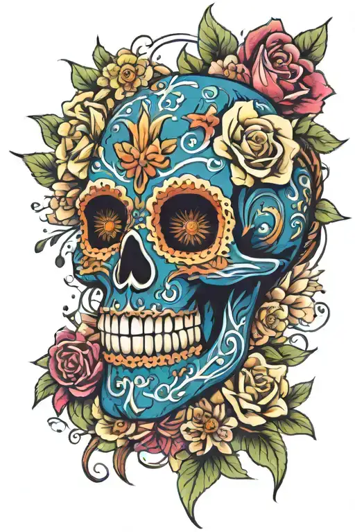 Sugar Skull Surrounded By Flowers Blue