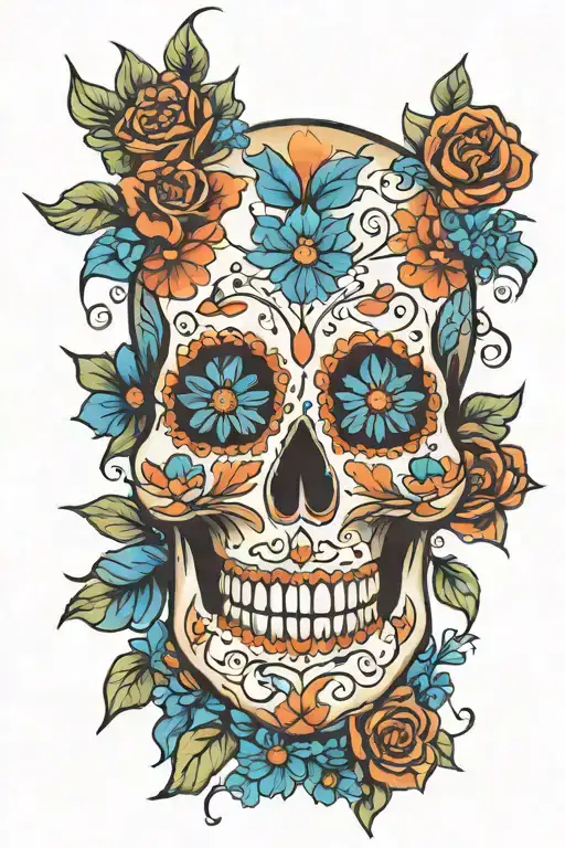 Sugar Skull Surrounded By Blue Flowers
