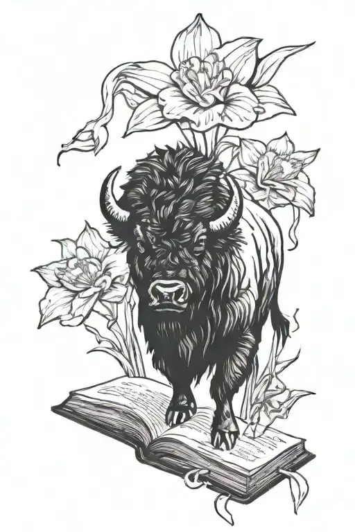 Bison Silhouette With Daffodil Bud Bursting Open Book