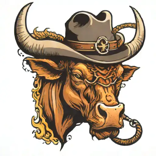 Mean Bull With A Cowboy Hat Hanging From Horns And A Lasso Hanging From Opposite Horn