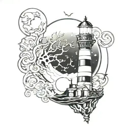 Tim Burton Style Halloween Lighthouse Shining Full Moon