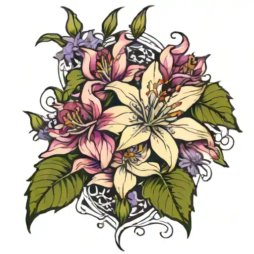 Larkspur Flowers Growing And Becoming Intertwined With Water Lilly That Is Dripping Rubies