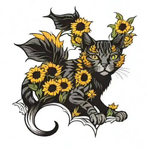 Cat And Sunflower Field
