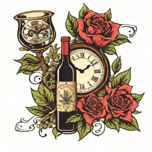 Weed Bud And Flowers And A Big Clock With Wines