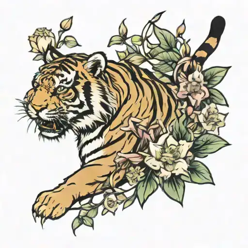Tiger With Astermerias And Freesia Flowers Surrounding