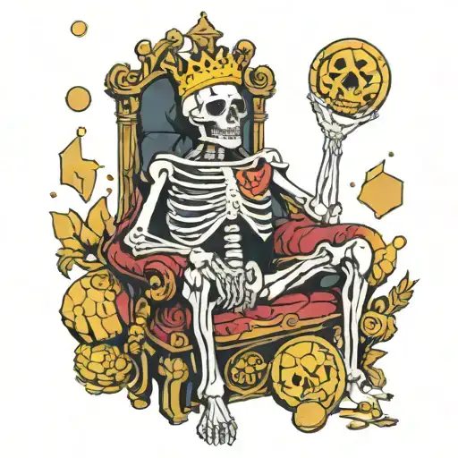 Skeleton King Sitting On Throne Surrounded By Gold Coins And Treasure