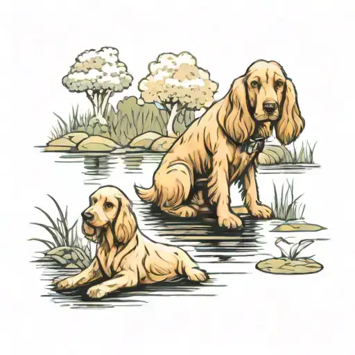 My Grandad And My Cocker Spaniel Dog By A Pond