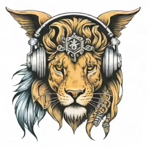 Lion Wearing Headphones Surrounded